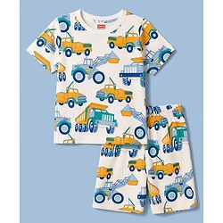 Babyhug Cotton Knit Half Sleeves Vehicles Printed Co-Ords T-Shirt & Shorts Night Suit - Cream