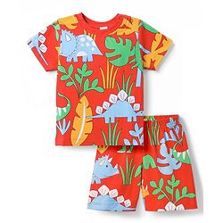 Babyhug 100% Cotton Knit Half Sleeves Dino Printed Co-Ords T-Shirt & Shorts Night Suit - Red