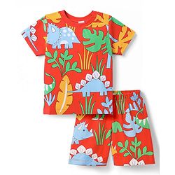 Babyhug 100% Cotton Knit Half Sleeves Dino Printed Co-Ords T-Shirt & Shorts Night Suit - Red