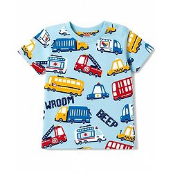 Babyhug 100% Cotton Knit Half Sleeves Vehicles Printed Co-Ords T-Shirt & Shorts Night Suit - Light Blue