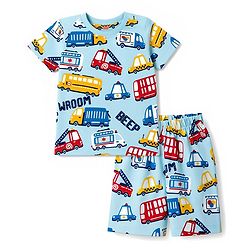 Babyhug 100% Cotton Knit Half Sleeves Vehicles Printed Co-Ords T-Shirt & Shorts Night Suit - Light Blue