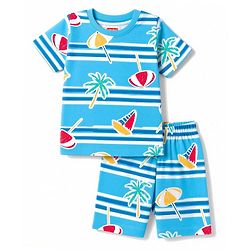 Babyhug 100% Cotton Knit Half Sleeves Co-ords Beach Printed T-Shirt & Shorts Night Suit - Blue