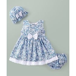 Babyhug Woven Sleeveless Floral Printed Frock With Bloomer & Bow Applique & Cap - White & Light Blue