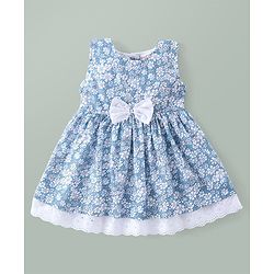 Babyhug Woven Sleeveless Floral Printed Frock With Bloomer & Bow Applique & Cap - White & Light Blue