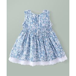 Babyhug Woven Sleeveless Floral Printed Frock With Bloomer & Bow Applique & Cap - White & Light Blue
