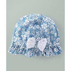 Babyhug Woven Sleeveless Floral Printed Frock With Bloomer & Bow Applique & Cap - White & Light Blue