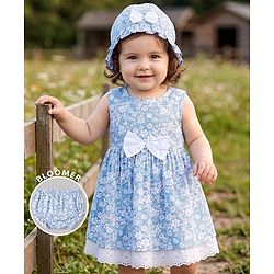 Babyhug Woven Sleeveless Floral Printed Frock With Bloomer & Bow Applique & Cap - White & Light Blue