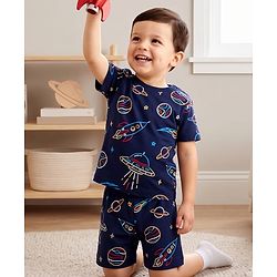 Babyhug Cotton Knit Half Sleeves Space Theme Printed Co-Ords T-Shirt & Shorts Night Suit - Navy Blue