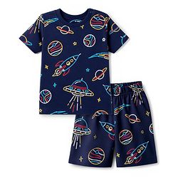 Babyhug Cotton Knit Half Sleeves Space Theme Printed Co-Ords T-Shirt & Shorts Night Suit - Navy Blue