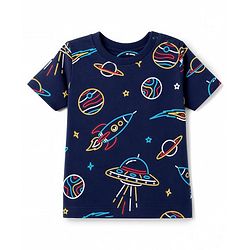Babyhug Cotton Knit Half Sleeves Space Theme Printed Co-Ords T-Shirt & Shorts Night Suit - Navy Blue