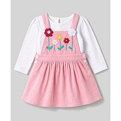 Babyhug Corduroy Woven Full Sleeves Polka Dots Printed & Floral Embroidered Frock With Inner Tee - Pink