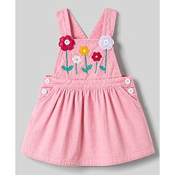 Babyhug Corduroy Woven Full Sleeves Polka Dots Printed & Floral Embroidered Frock With Inner Tee - Pink