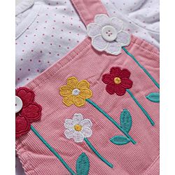 Babyhug Corduroy Woven Full Sleeves Polka Dots Printed & Floral Embroidered Frock With Inner Tee - Pink