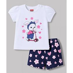 Babyhug 100% Cotton Knit Half Sleeves Bunny Printed T-Shirt & Shorts Night Suit - White