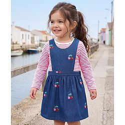 Babyhug Denim Woven Full Sleeves Cherry Embroidered & Striped Frock With Inner Tee - Navy Blue