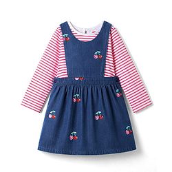 Babyhug Denim Woven Full Sleeves Cherry Embroidered & Striped Frock With Inner Tee - Navy Blue