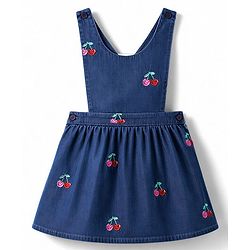 Babyhug Denim Woven Full Sleeves Cherry Embroidered & Striped Frock With Inner Tee - Navy Blue