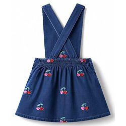 Babyhug Denim Woven Full Sleeves Cherry Embroidered & Striped Frock With Inner Tee - Navy Blue