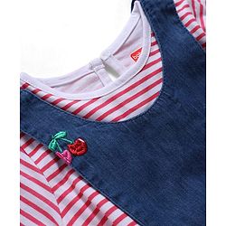 Babyhug Denim Woven Full Sleeves Cherry Embroidered & Striped Frock With Inner Tee - Navy Blue