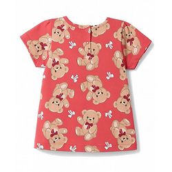 Babyhug 100% Cotton Knit Half Sleeves T-Shirt & Shorts Night Suit Co-ords With Teddy Bear Print - Red