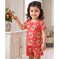 Babyhug 100% Cotton Knit Half Sleeves T-Shirt & Shorts Night Suit Co-ords With Teddy Bear Print - Red