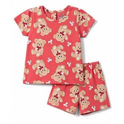 Babyhug 100% Cotton Knit Half Sleeves T-Shirt & Shorts Night Suit Co-ords With Teddy Bear Print - Red