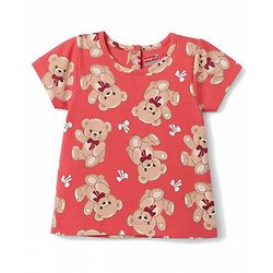 Babyhug 100% Cotton Knit Half Sleeves T-Shirt & Shorts Night Suit Co-ords With Teddy Bear Print - Red