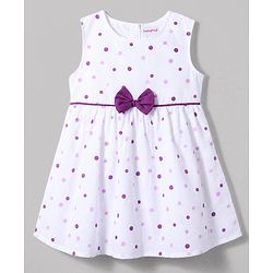 Babyhug 100% Cotton Woven Half Sleeves Polka Dots Printed Frock With Shrug & Bow Applique - White & Violet