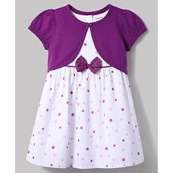 Babyhug 100% Cotton Woven Half Sleeves Polka Dots Printed Frock With Shrug & Bow Applique - White & Violet