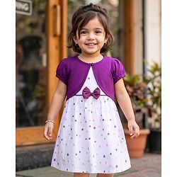 Babyhug 100% Cotton Woven Half Sleeves Polka Dots Printed Frock With Shrug & Bow Applique - White & Violet