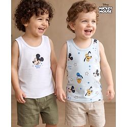 Babyhug Disney Single Jersey Knit Sleeveless Vest with Mickey Mouse Graphics Pack of 2-  White