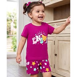 Babyhug 100% Cotton Knit Half Sleeves T-Shirt & Shorts Night Suit With Star & Text Print - Purple