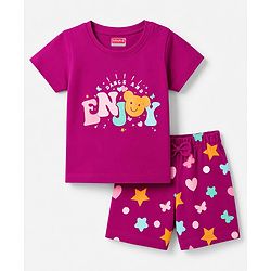 Babyhug 100% Cotton Knit Half Sleeves T-Shirt & Shorts Night Suit With Star & Text Print - Purple