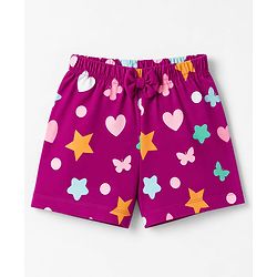 Babyhug 100% Cotton Knit Half Sleeves T-Shirt & Shorts Night Suit With Star & Text Print - Purple