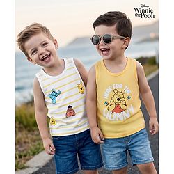 Babyhug Disney Single Jersey Knit Sleeveless Striped Vest With Winnie the Pooh Graphic Pack of 2 - White & Yellow