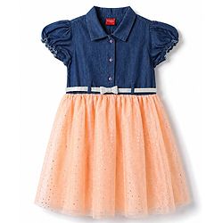 Babyhug Mesh Woven Half Sleeves Polka Dots Embellished Frock With Belt - Peach