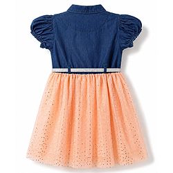 Babyhug Mesh Woven Half Sleeves Polka Dots Embellished Frock With Belt - Peach