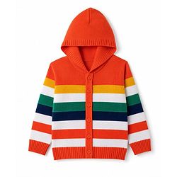 Babyhug Knit Full Sleeves Hooded  Sweater Set With Stripes - Orange
