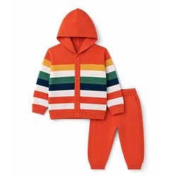 Babyhug Knit Full Sleeves Hooded  Sweater Set With Stripes - Orange