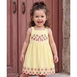 Babyhug Cotton Woven Sleeveless Floral Embroidered Frock - Yellow