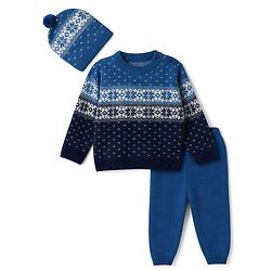 Babyhug Knit Full Sleeves Sweater Set With Cap & Floral Design - Blue