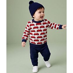 Babyhug  Knit Full Sleeves Car Design Sweater Set with Cap - Red