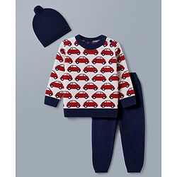 Babyhug  Knit Full Sleeves Car Design Sweater Set with Cap - Red