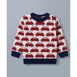 Babyhug  Knit Full Sleeves Car Design Sweater Set with Cap - Red