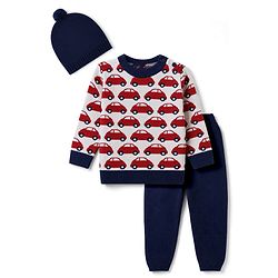 Babyhug  Knit Full Sleeves Car Design Sweater Set with Cap - Red