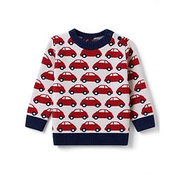 Babyhug  Knit Full Sleeves Car Design Sweater Set with Cap - Red