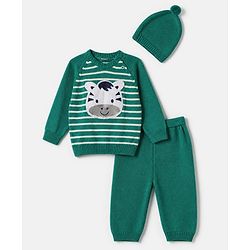 Babyhug Knit Full Sleeves Sweater Set with Cap and Zebra Applique - Green