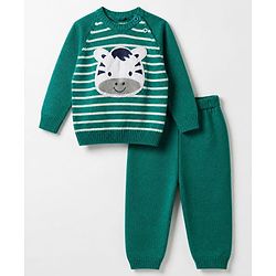 Babyhug Knit Full Sleeves Sweater Set with Cap and Zebra Applique - Green