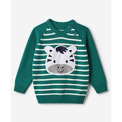 Babyhug Knit Full Sleeves Sweater Set with Cap and Zebra Applique - Green