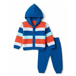 Babyhug Knit Full Sleeves Striped Hooded Sweater Set -Blue